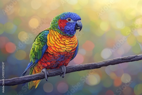 A vibrant rainbow lorikeet perched on a branch, showcasing its stunning multicolored feathers against a blurred background. photo