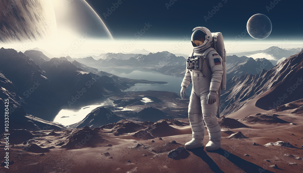 An astronaut has landed on another planet and is wandering through uncharted territory.