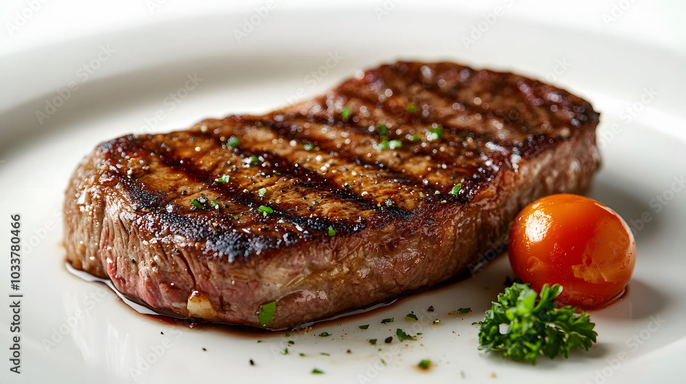 Pan Seared Steak on White Background, Exquisite Details, Vibrant Colors, Front View Presentation, Culinary Artistry Pan Seared Steak on White Background, Exquisite Details, Vibrant Colors, Front View Presentation, Culinary Artistry