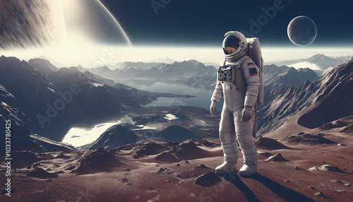 Obraz na płótnie An astronaut has landed on another planet and is wandering through uncharted territory. w salonie