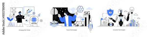 Future technologies emerging tech trends innovative technologies. Images include robotics, AI, and futuristic cityscapes. Ideal for technology trends, AI advancements, future tech, smart cities
