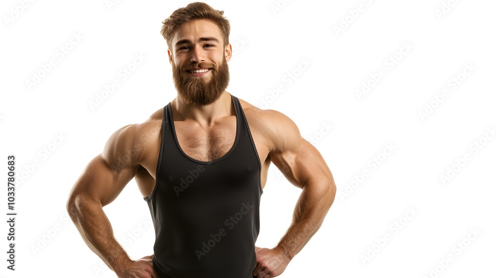 Young sport handsome man with beard over isolated white background posing with arms at hip and smiling. Young sport handsome man with beard over isolated white background posing with arms at hip and smiling.
