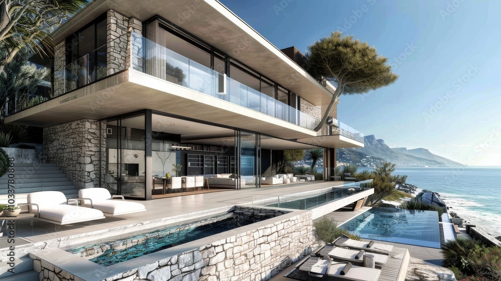 A contemporary two-story villa by the shore, highlighting a large terrace and an empty pool space in the front. The villa is made of stone and glass A contemporary two-story villa by the shore, highlighting a large terrace and an empty pool space in the front. The villa is made of stone and glass
