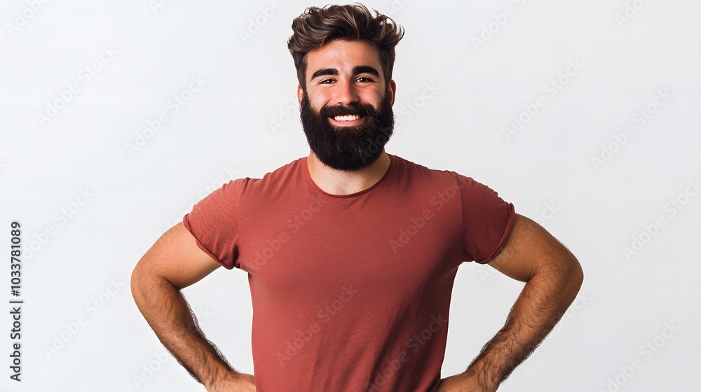 Young sport handsome man with beard over isolated white background posing with arms at hip and smiling. Young sport handsome man with beard over isolated white background posing with arms at hip and smiling.