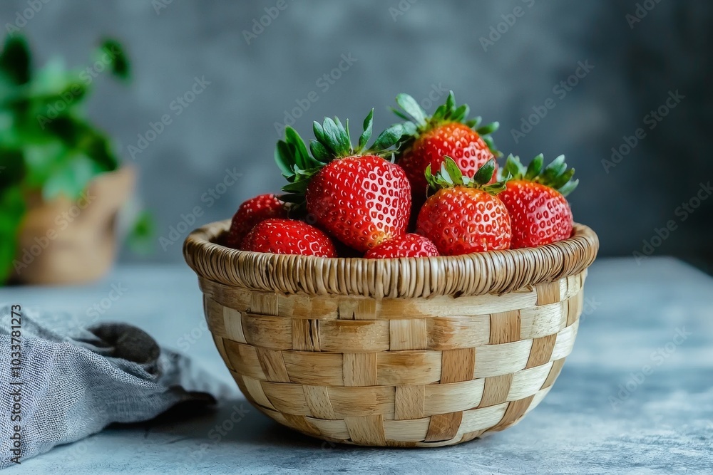 A woven basket filled with fresh, ripe strawberries against a muted grey background. A woven basket filled with fresh, ripe strawberries against a muted grey background.