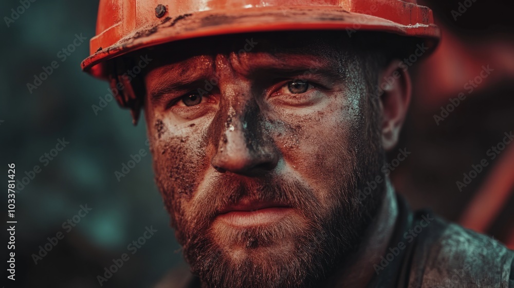 Close up portrait of a mining worker or construction worker with a dirty face and a red safety helmet Close up portrait of a mining worker or construction worker with a dirty face and a red safety helmet