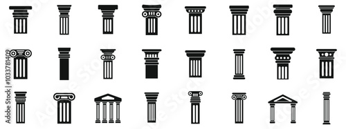 Greece pillar icons set. Set of architectural antique columns showing ancient greek style for building exterior and interior design