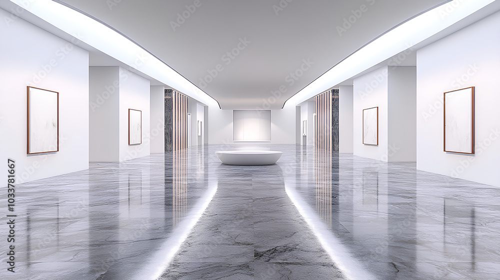 empty gallery space with a large blank white wall, marble floor, contemporary design, clear and minimalist concept empty gallery space with a large blank white wall, marble floor, contemporary design, clear and minimalist concept