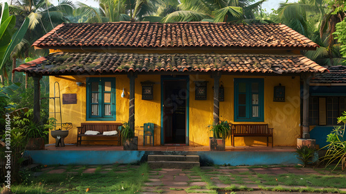 Indian house with traditional roof design at coastal side of Maharashtra