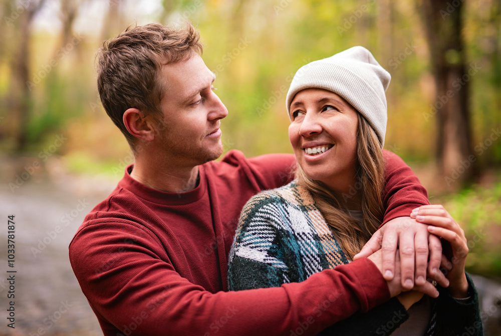 photo of harmony romantic couple in october autumn forest town park