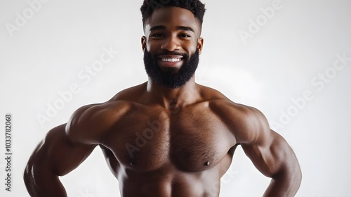 Young sport handsome man with beard over isolated white background posing with arms at hip and smiling. 