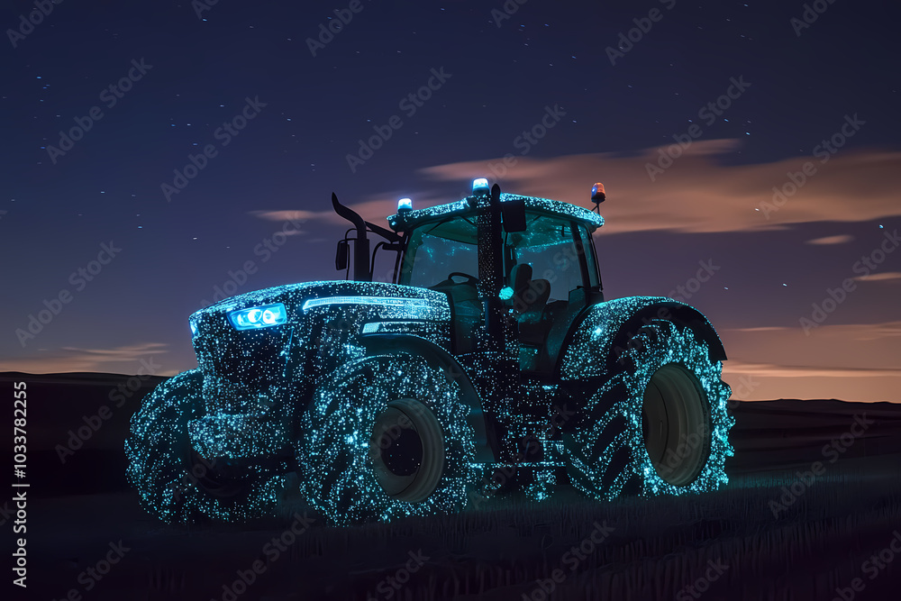 image of a tractor with bioluminescent spots glowing in the dark image of a tractor with bioluminescent spots glowing in the dark