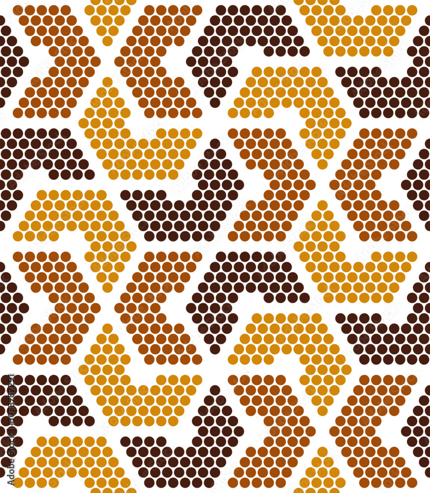 Fototapeta premium Boho Chic dots hexagons geometrics Vector Pattern. Autumn brown, mustard yellow optical geometric seamless pattern.