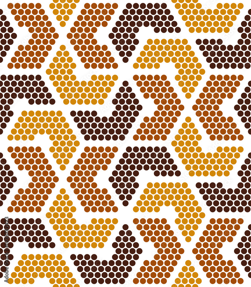 Fototapeta premium Boho Chic dots hexagons geometrics Raster Pattern. Autumn brown, mustard yellow optical geometric seamless pattern.