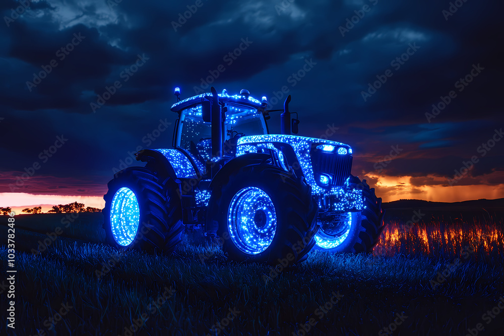 image of a tractor with bioluminescent spots glowing in the dark image of a tractor with bioluminescent spots glowing in the dark
