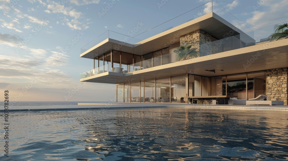 Fototapeta premium A contemporary villa by the ocean, with two stories