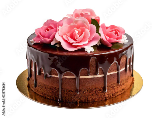 Chocolate celebration cake with flower decorations, isolated on a white background. 