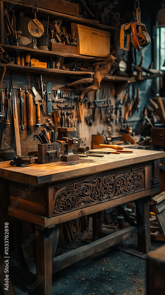 Intricate Wood Carvings and Tools in Artisan Workshop Intricate Wood Carvings and Tools in Artisan Workshop