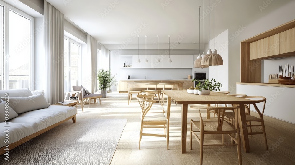 A clean and airy Scandinavian apartment with an open-plan living room and dining area, featuring minimalist furniture, light wooden accents, and large windows allowing plenty of sunlight. A clean and airy Scandinavian apartment with an open-plan living room and dining area, featuring minimalist furniture, light wooden accents, and large windows allowing plenty of sunlight.