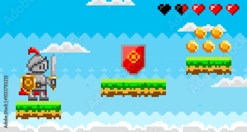 A pixel art knight holding a sword and shield is standing on a grassy platform against a blue sky, with floating coins, a shield power-up and hearts indicators. Ideal for retro gaming platformers