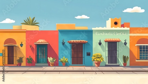 An illustration of a row of colorful hacienda houses