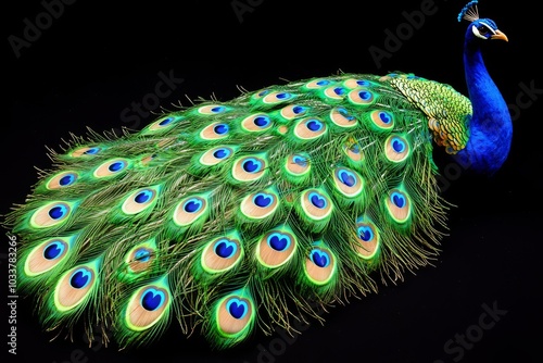 A vibrant peacock displaying its stunning iridescent plumage against a black background. photo