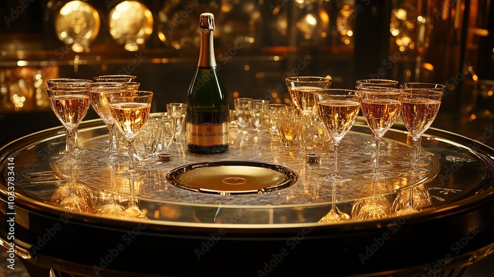 Champagne flows from a bottle into glasses on a circular table. Champagne flows from a bottle into glasses on a circular table.