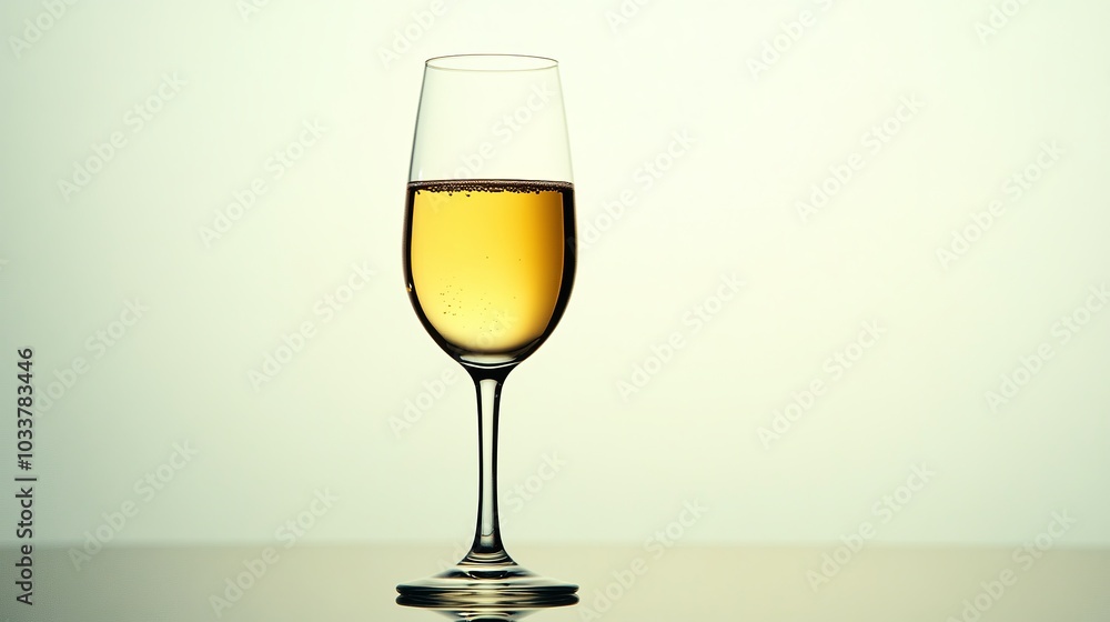 Champagne glass with a golden-yellow hue stands against a white backdrop, its reflection shimmering. Champagne glass with a golden-yellow hue stands against a white backdrop, its reflection shimmering.