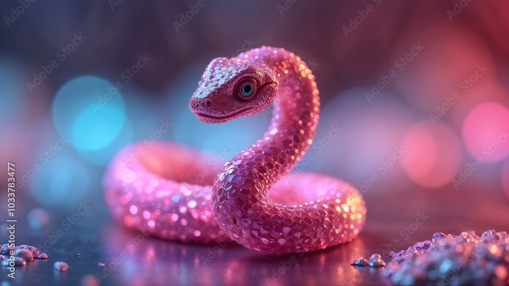 A pink, sparkly snake rests on a reflective surface against a background of colorful, blurry lights A pink, sparkly snake rests on a reflective surface against a background of colorful, blurry lights