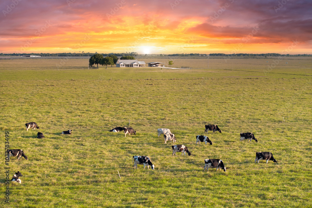 Herd of dairy cattle grazing in pasture field near small farmhouse. Milk cows on green farm grassland in Florida Herd of dairy cattle grazing in pasture field near small farmhouse. Milk cows on green farm grassland in Florida