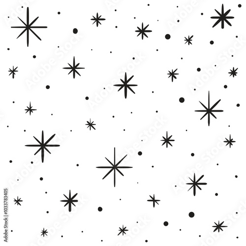 Simple black and white hand drawn snowfall background. Large and small snowflake icons. Vector illustration for winter designs