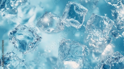 Ice cubes under water or on a light blue background