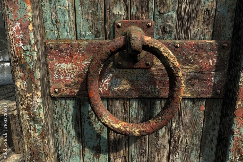 A close-up of a weathered door with a rusty metal ring handle, showcasing vibrant colors and textures. A close-up of a weathered door with a rusty metal ring handle, showcasing vibrant colors and textures.