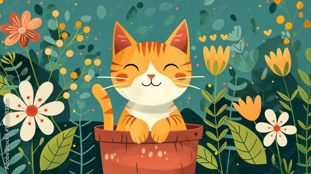 Whimsical Springtime Cat in Flower Pot Surrounded by Flowers and Leaves Cartoon Illustration for Cat Day or Seasonal Designs Whimsical Springtime Cat in Flower Pot Surrounded by Flowers and Leaves Cartoon Illustration for Cat Day or Seasonal Designs
