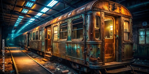 Spooky Abandoned Subway Car at Night - Empty, Dark, Eerie, Haunting Atmosphere, Urban Exploration, Ghostly Vibes, Old Train Interior, Creepy Shadows, Forgotten History, Night Photography