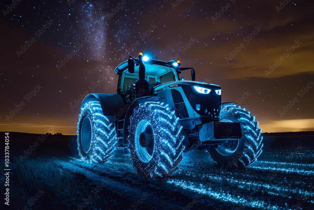 image of a tractor with bioluminescent spots glowing in the dark image of a tractor with bioluminescent spots glowing in the dark