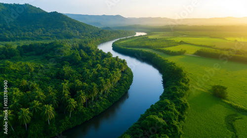 Oil palm plantation nestled in the rolling hills of southern Thailand.