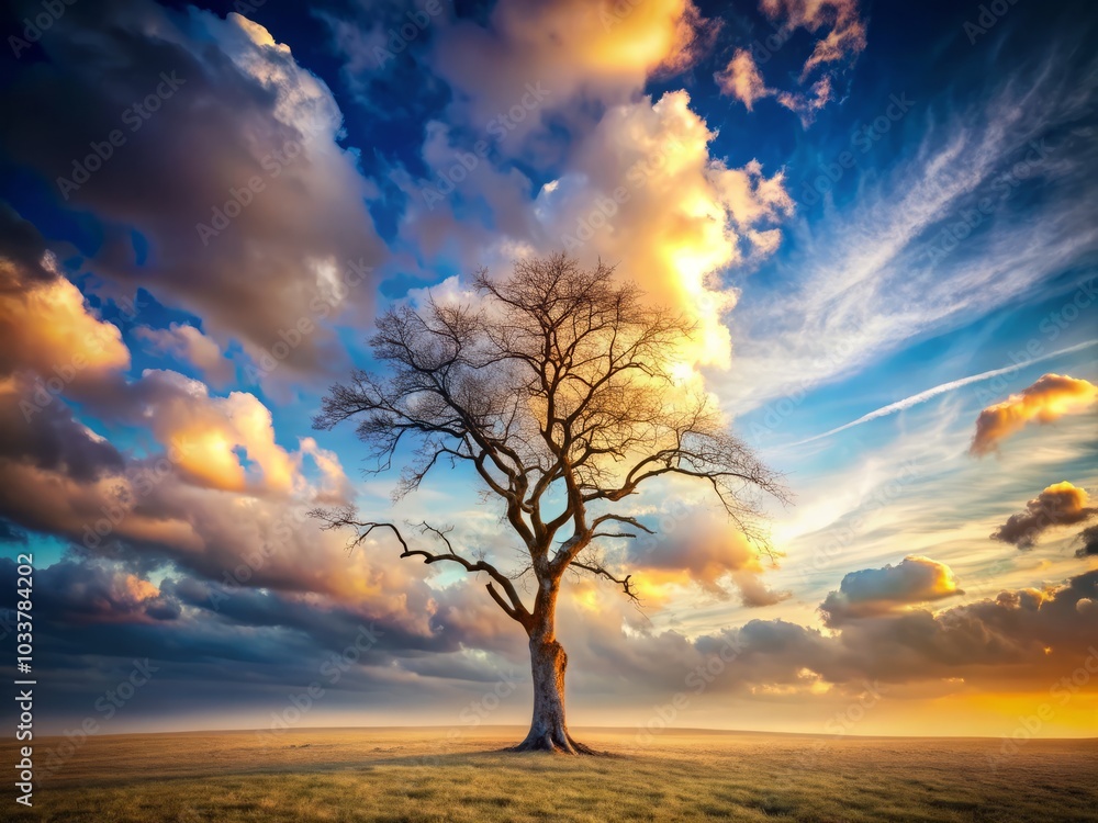 Obraz premium Stark Elegance: A Captivating Silhouette of a Lone Dead Tree Against a Serene Sky, Evoking Themes of Solitude, Natural Beauty, and Aerial Photography in Tranquil Landscapes