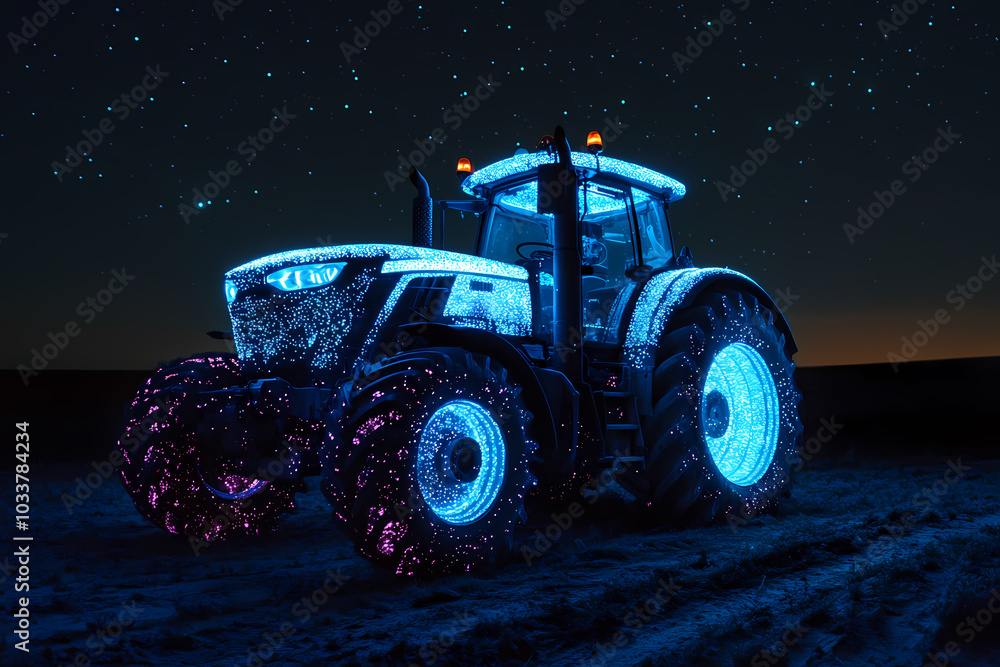 image of a tractor with bioluminescent spots glowing in the dark image of a tractor with bioluminescent spots glowing in the dark