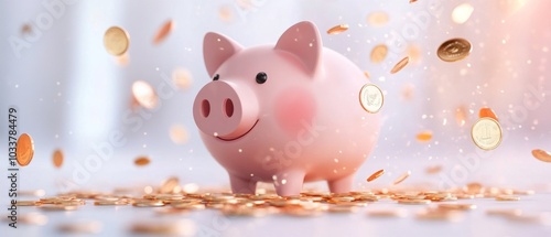 Pink piggy bank with falling coins on white background