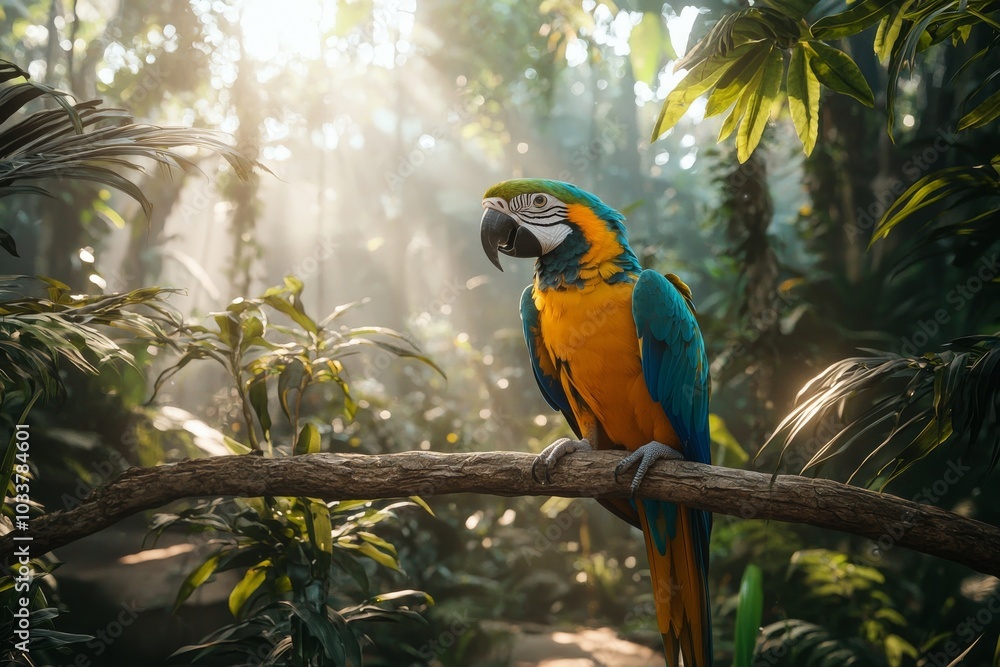 A vibrant blue and yellow macaw perched on a branch in a lush, sunlit rainforest. A vibrant blue and yellow macaw perched on a branch in a lush, sunlit rainforest.