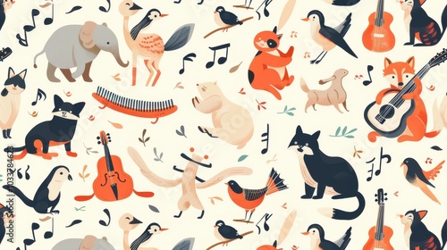 Seamless vector pattern with cute cartoon animals and musical notes.