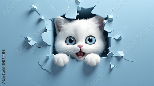 generated illustration of  Portrait of cute kitten breaking through hole in blue wall .