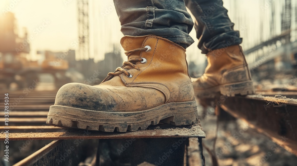A close-up of dusty safety boots as a construction worker carefully navigates steel beams at a building site, highlighting the importance of safety in a rugged environment. A close-up of dusty safety boots as a construction worker carefully navigates steel beams at a building site, highlighting the importance of safety in a rugged environment.