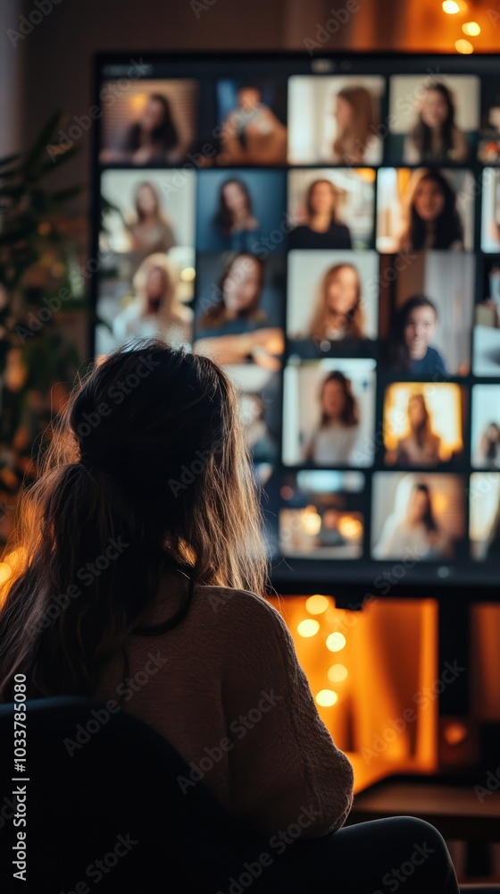 A virtual family gathering, with members connecting from different locations through video calls to celebrate together A virtual family gathering, with members connecting from different locations through video calls to celebrate together