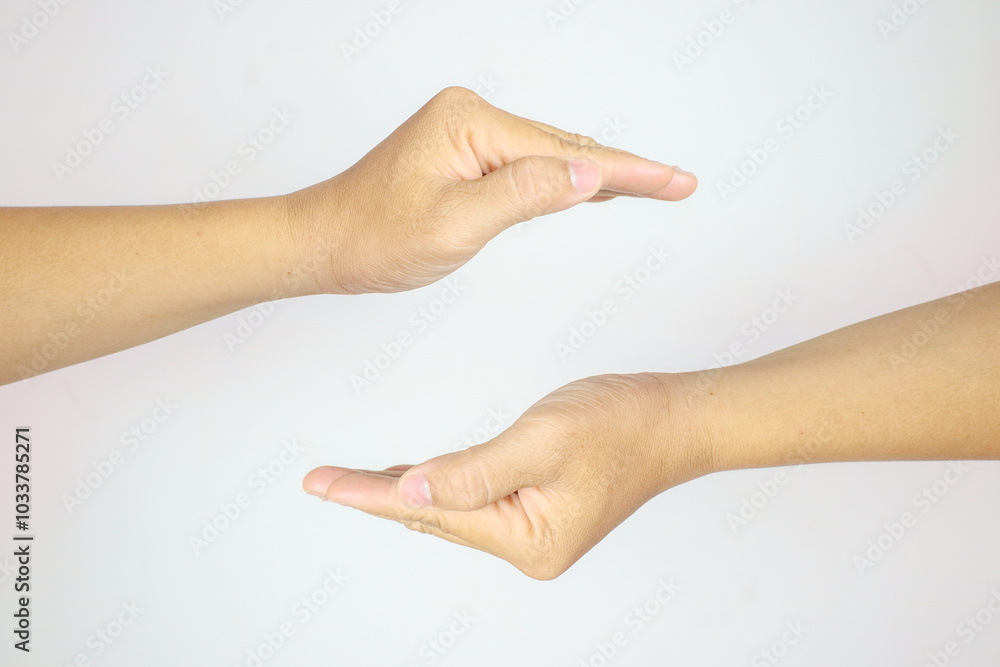 Hands showing gestures, protection or measuring size of something. Isolated background. Hands showing gestures, protection or measuring size of something. Isolated background.
