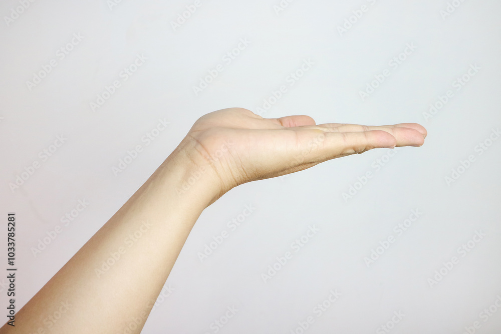 young man cupped hand to hold something isolated on white young man cupped hand to hold something isolated on white