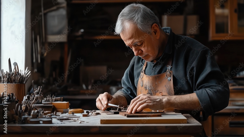 An artisan at work in their studio, carefully crafting unique, handmade pieces with passion and skill An artisan at work in their studio, carefully crafting unique, handmade pieces with passion and skill