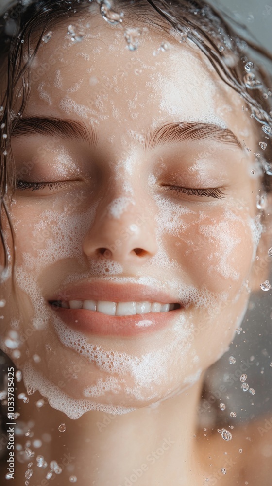 Smiling young beautiful woman with closed eyes and little foam on her face with water drops close up Smiling young beautiful woman with closed eyes and little foam on her face with water drops close up