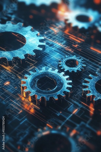 Gears and cogs on a digital background, an engineering concept with mechanical equipment for industrial design or machine parts in the Industry 4.0 era of factory production technology.  photo